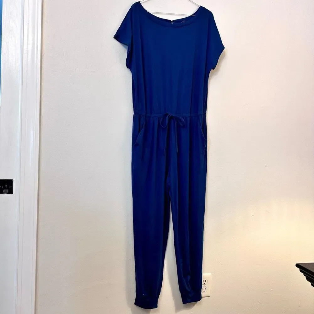 Pretty Garden Short Sleeve Elastic Drawstring Waist Jogger Jumpsuit Blue XL
